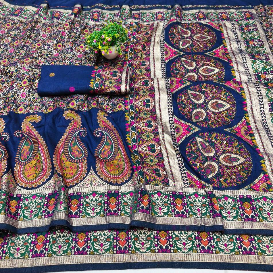 Majestic Navy Blue Nylon Dola Pashmina Saree With Angelic Blouse Piece