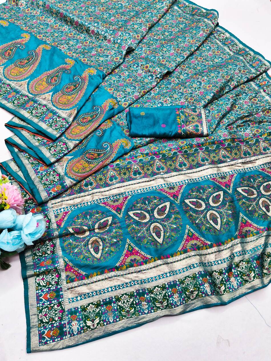 Exquisite Rama Nylon Dola Pashmina Saree With Moiety Blouse Piece