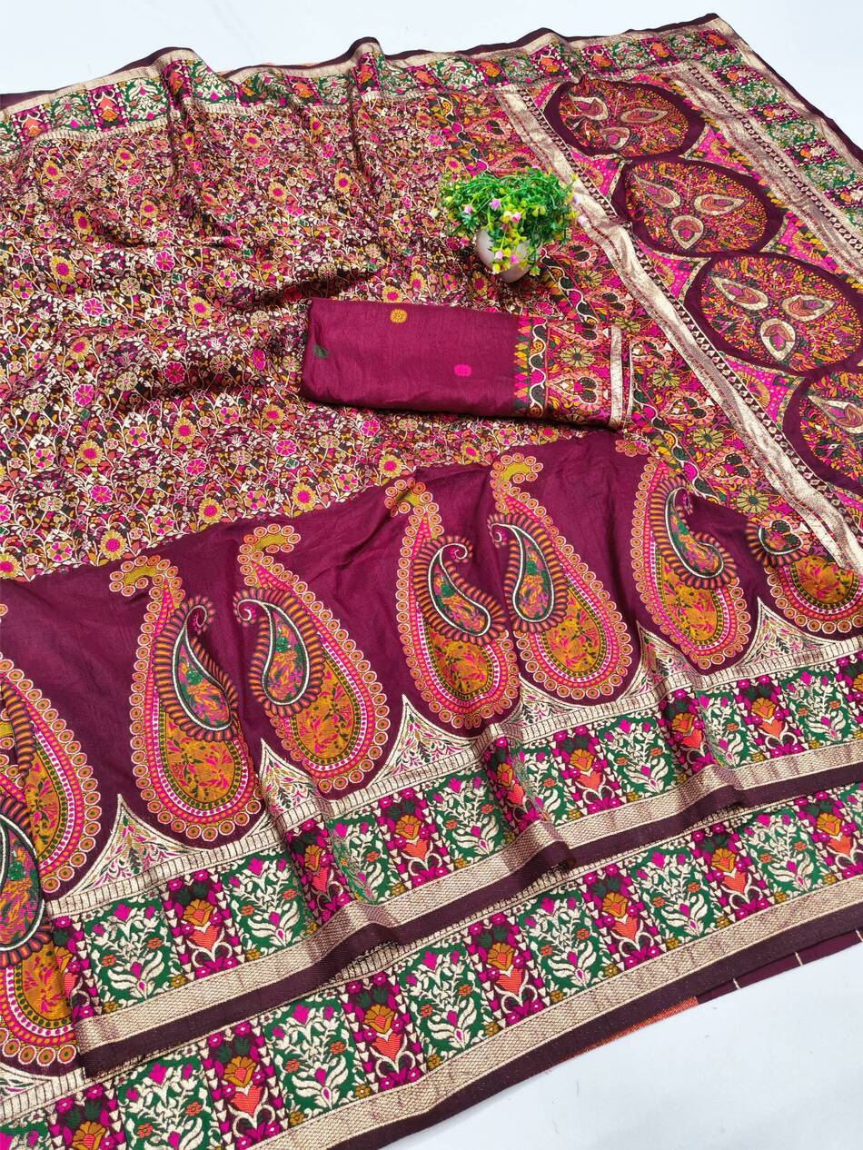 Forbearance Wine Nylon Dola Pashmina Saree With Prominent Blouse Piece