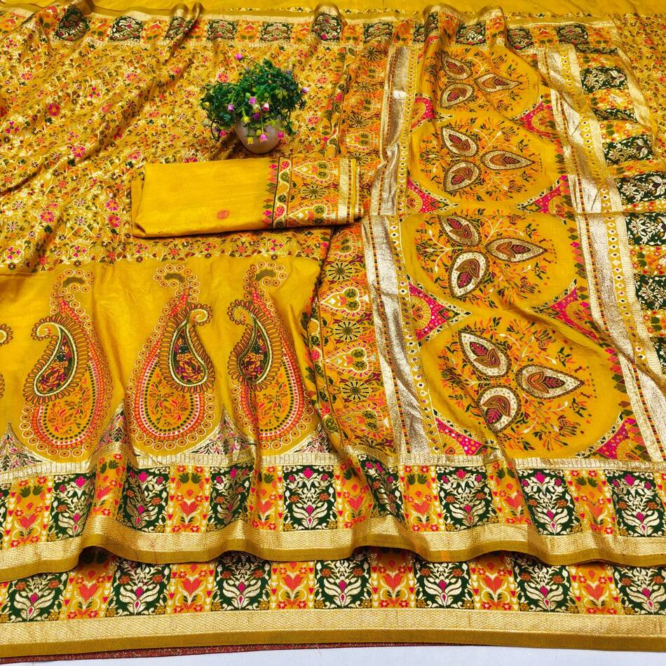 Seraphic Yellow Nylon Dola Pashmina Saree With Resplendent Blouse Piece