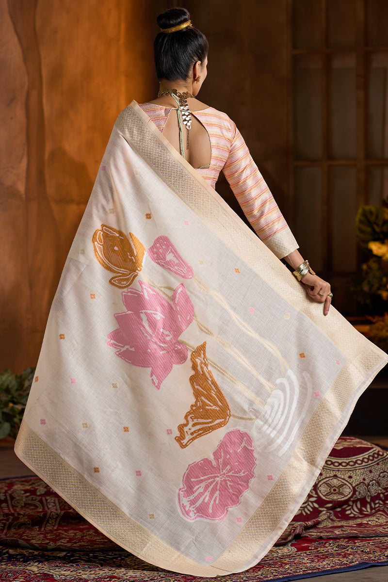 Gossamer Beige Cotton Silk Saree With Ravishing Blouse Piece