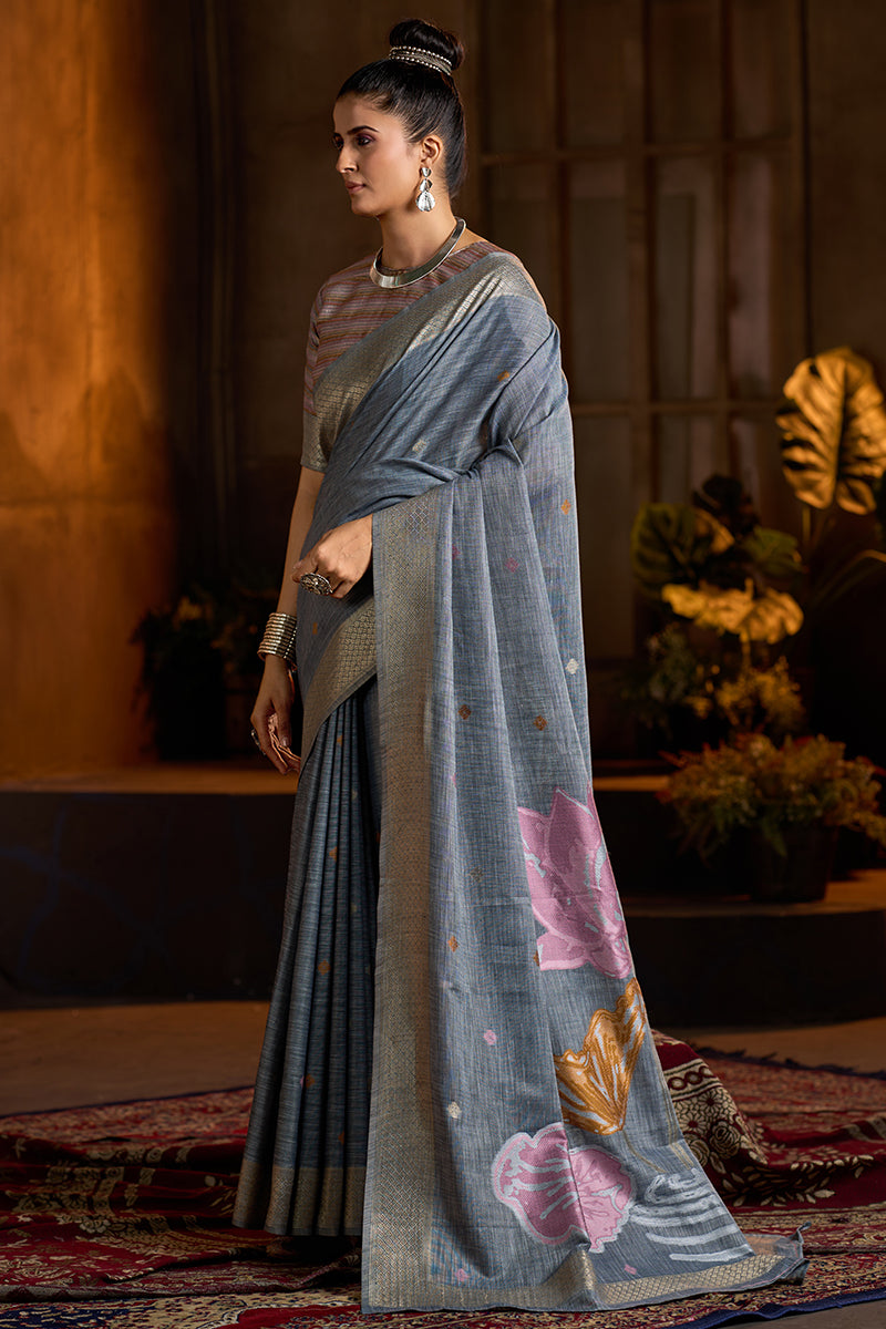 Captivating Grey Cotton Silk Saree With Sempiternal Blouse Piece