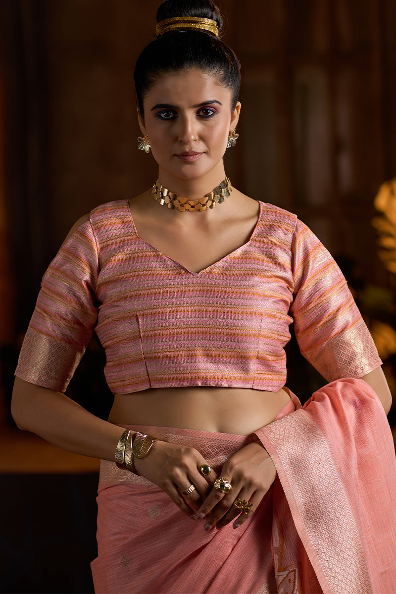 Enticing Peach Cotton Silk Saree With Chatoyant Blouse Piece