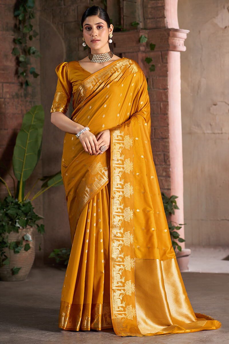 Opulent Mustard Pure Zari Weaving Banarasi Silk Saree With Lassitude Blouse Piece