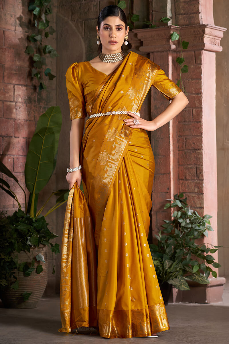 Opulent Mustard Pure Zari Weaving Banarasi Silk Saree With Lassitude Blouse Piece