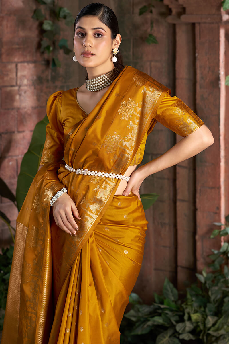 Opulent Mustard Pure Zari Weaving Banarasi Silk Saree With Lassitude Blouse Piece