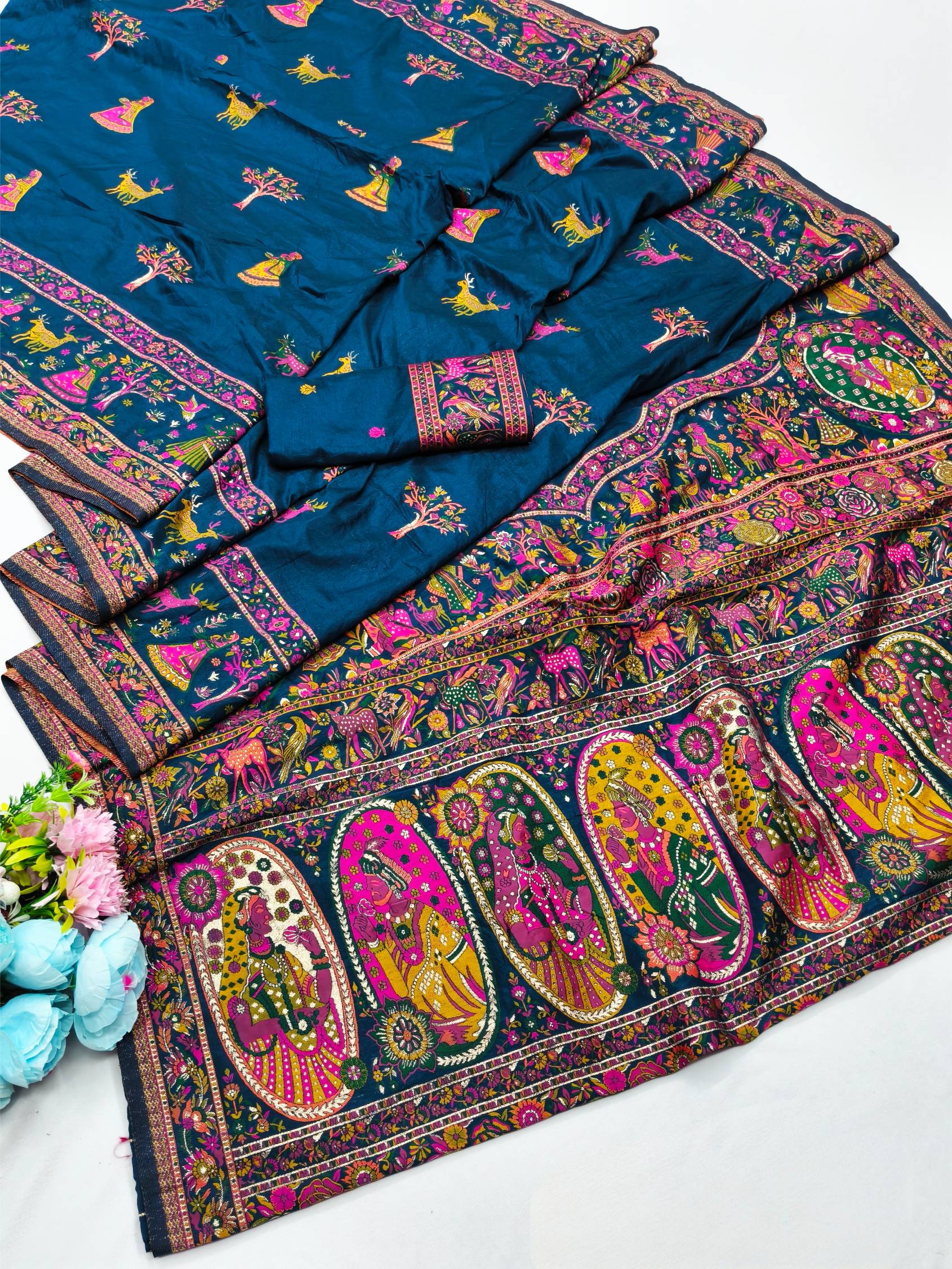 Flattering Blue Nylon Dola Pashmina Saree With Effulgent Blouse Piece