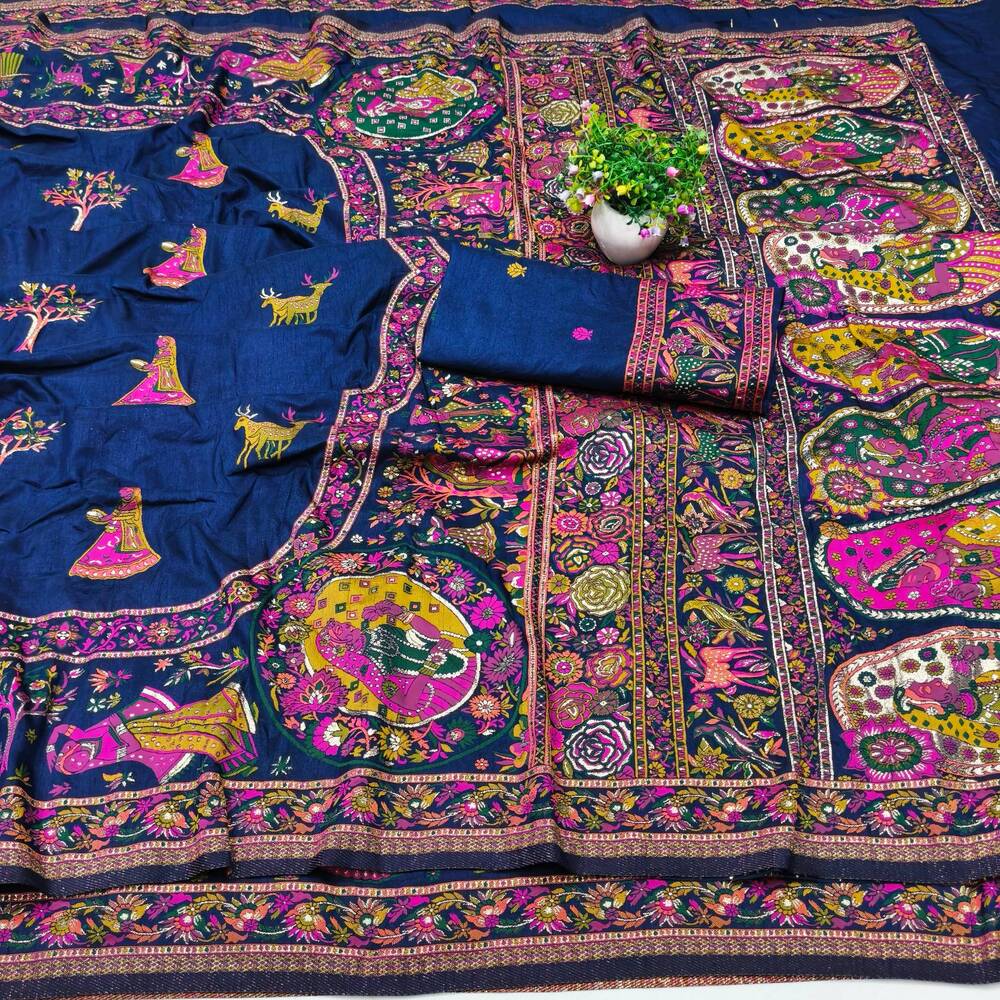 Scrumptious Navy Blue Nylon Dola Pashmina Saree With Felicitous Blouse Piece