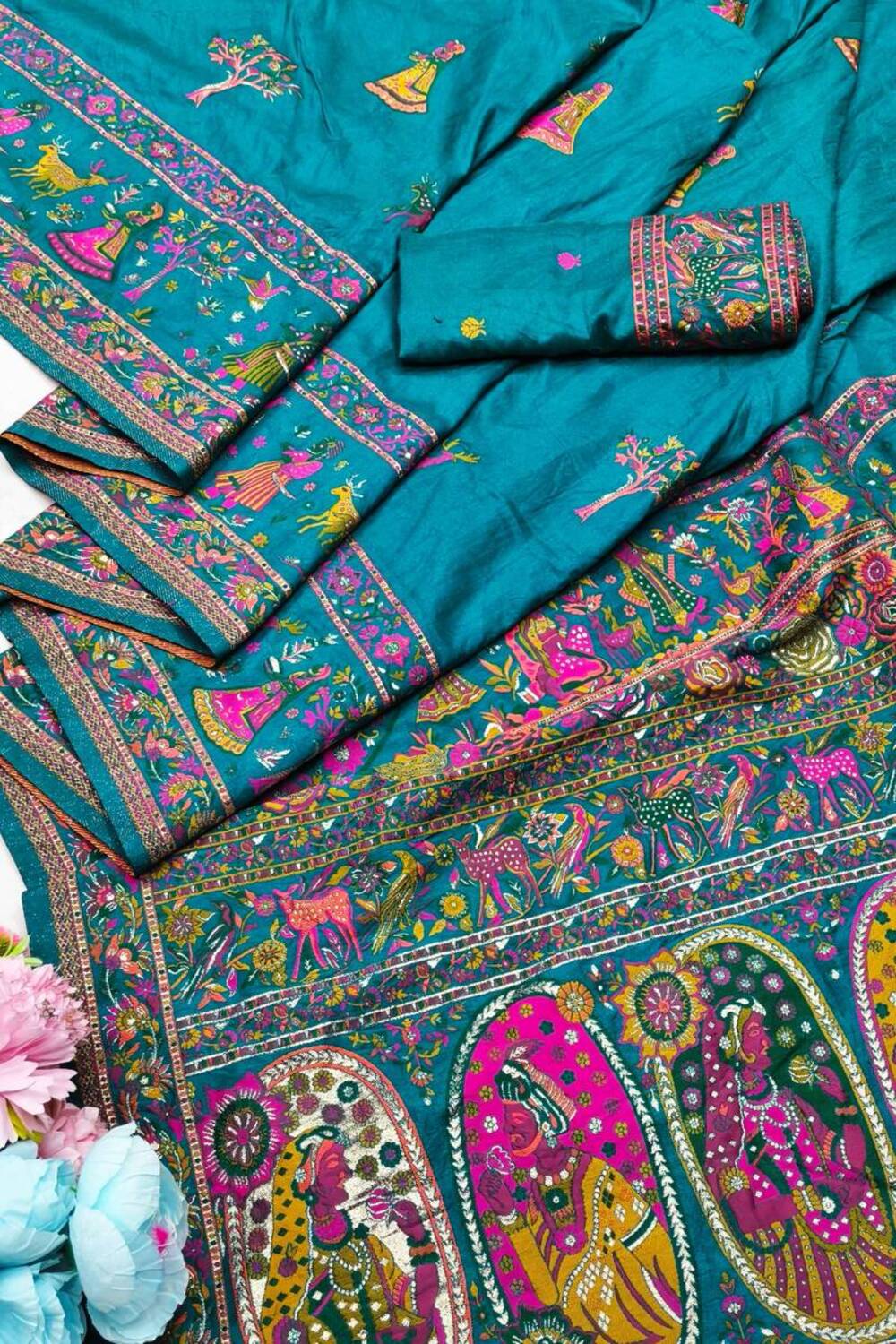 Mellifluous Rama Nylon Dola Pashmina Saree With Sensational Blouse Piece