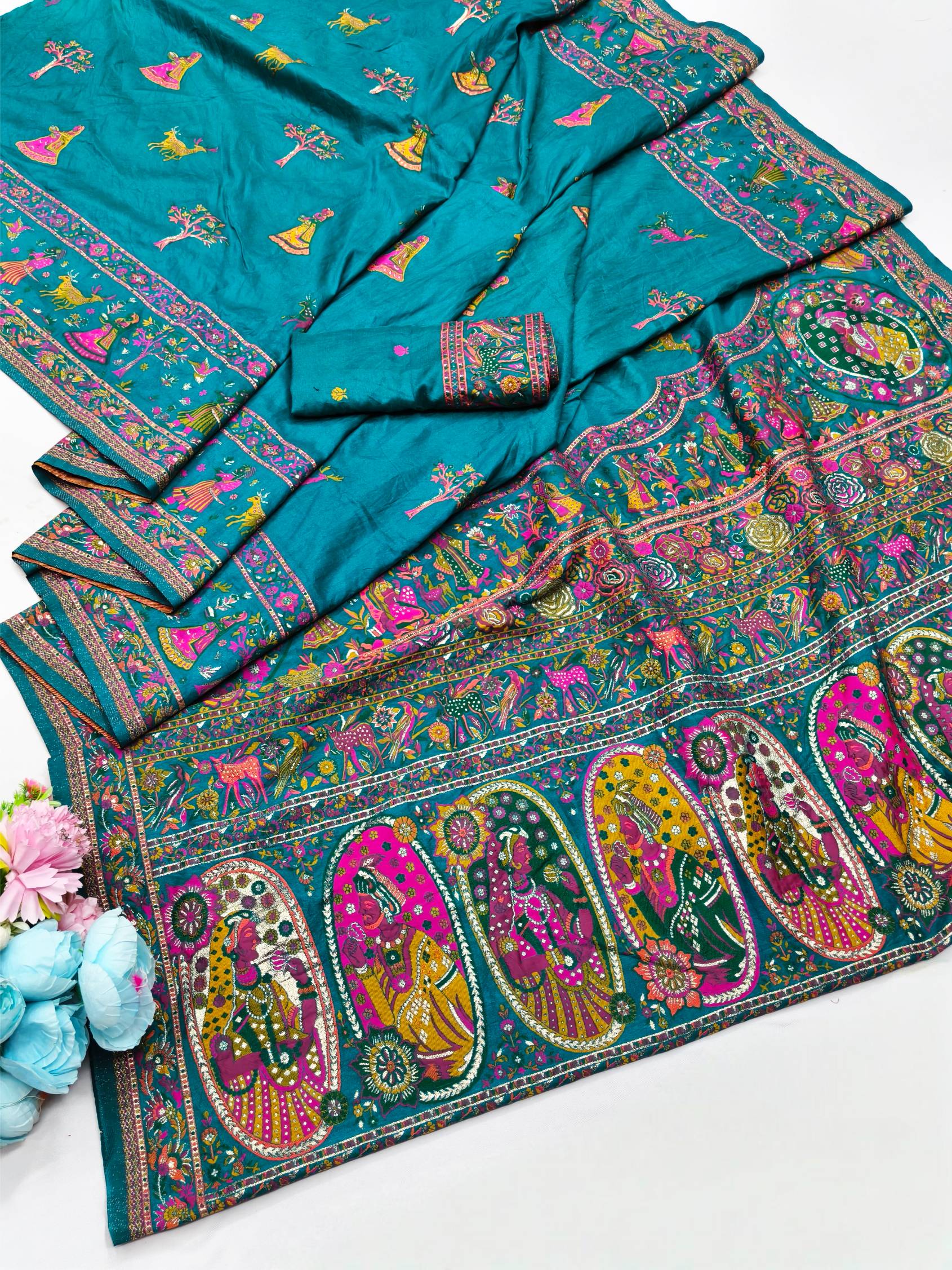 Mellifluous Rama Nylon Dola Pashmina Saree With Sensational Blouse Piece