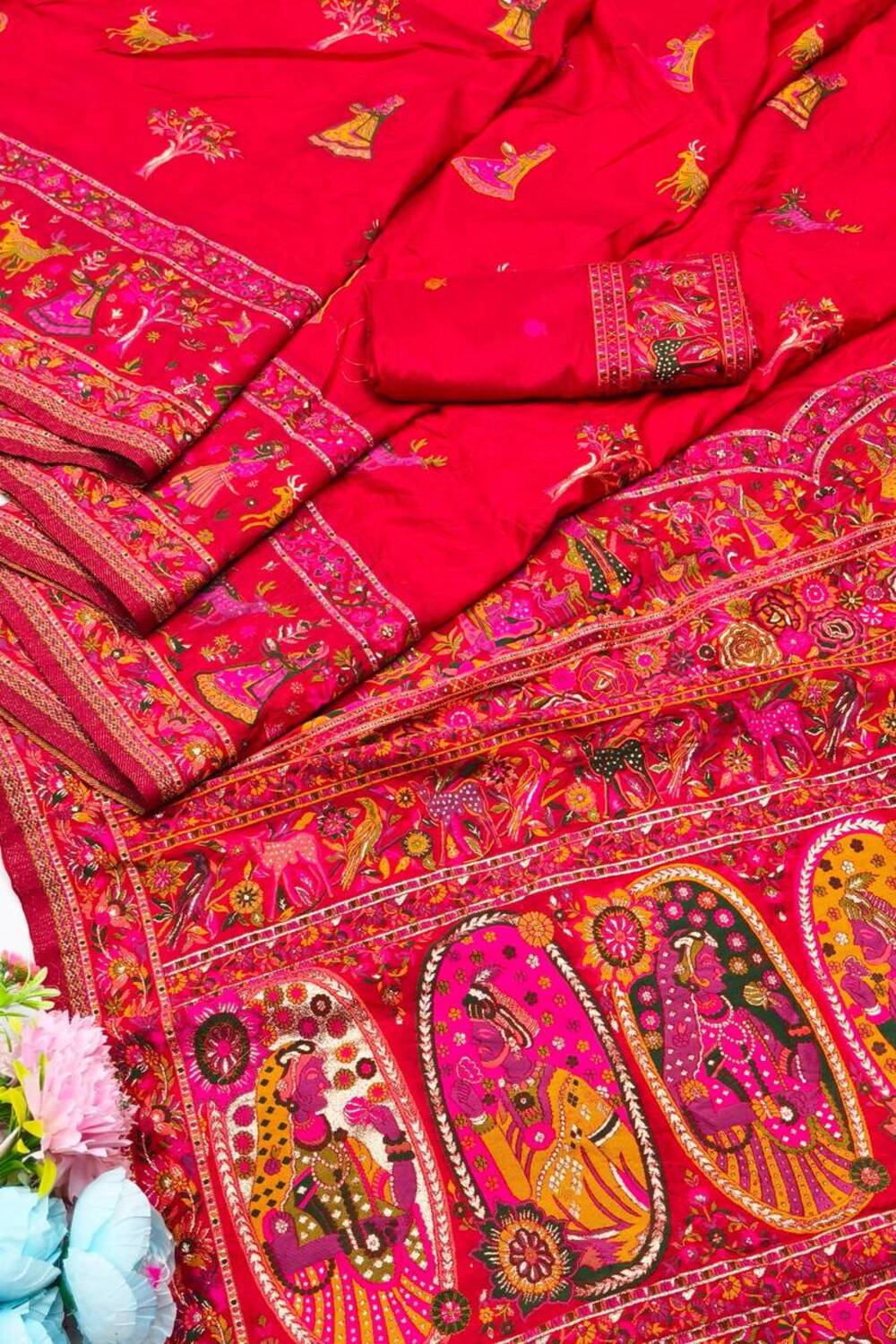 Gratifying Red Nylon Dola Pashmina Saree With Dalliance Blouse Piece