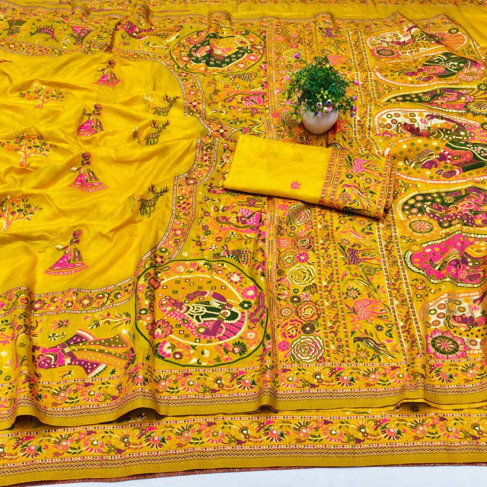 Artistic Yellow Nylon Dola Pashmina Saree With Lagniappe Blouse Piece