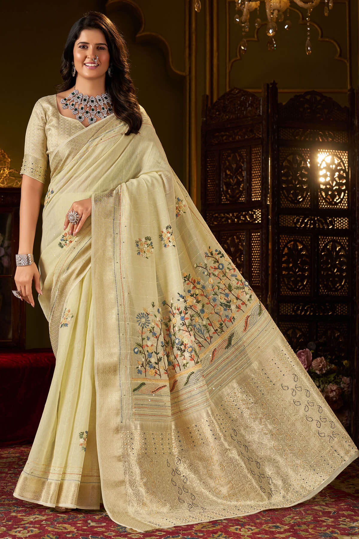 Jubilant Pista Handwork Linen Silk Saree With Classic Blouse Piece