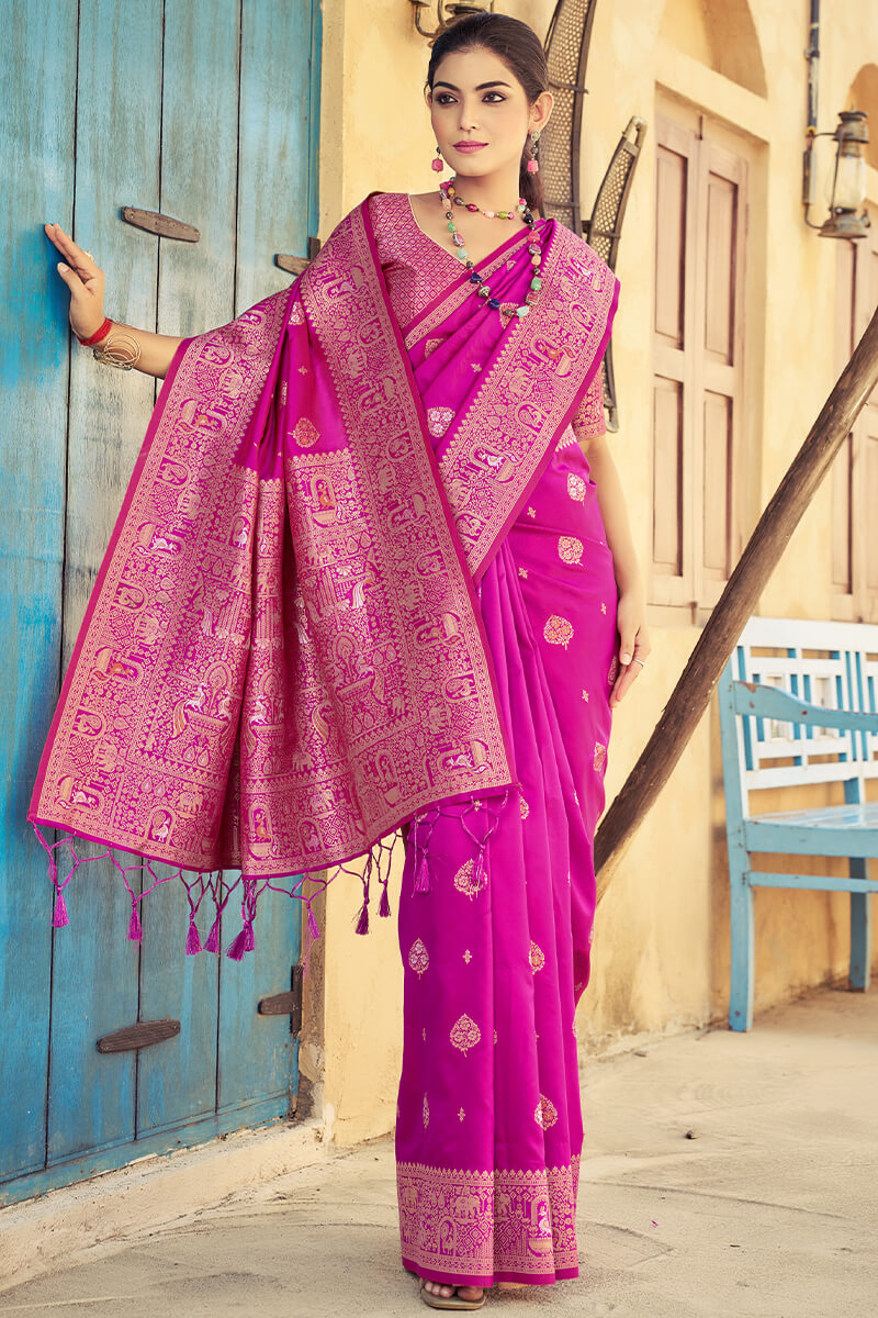 Beleaguer Dark Pink Soft Banarasi Silk Saree With Unique Blouse Piece