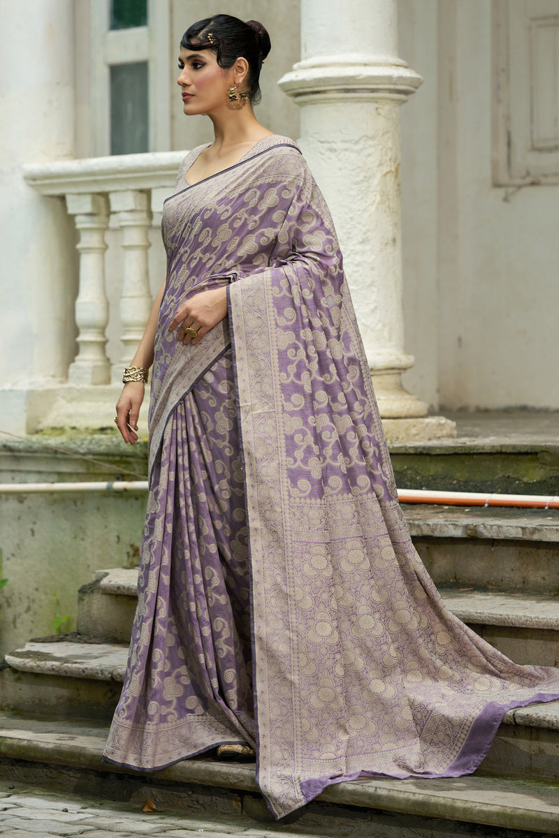 Mesmeric Lavender Lucknowi Silk Saree With Energetic Blouse Piece