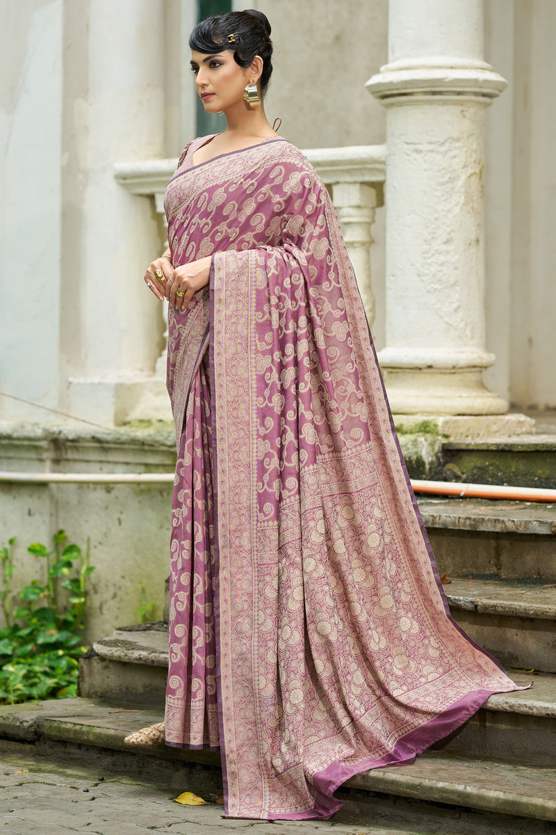 Unequalled Light Purple Lucknowi Silk Saree With Engrossing Blouse Piece
