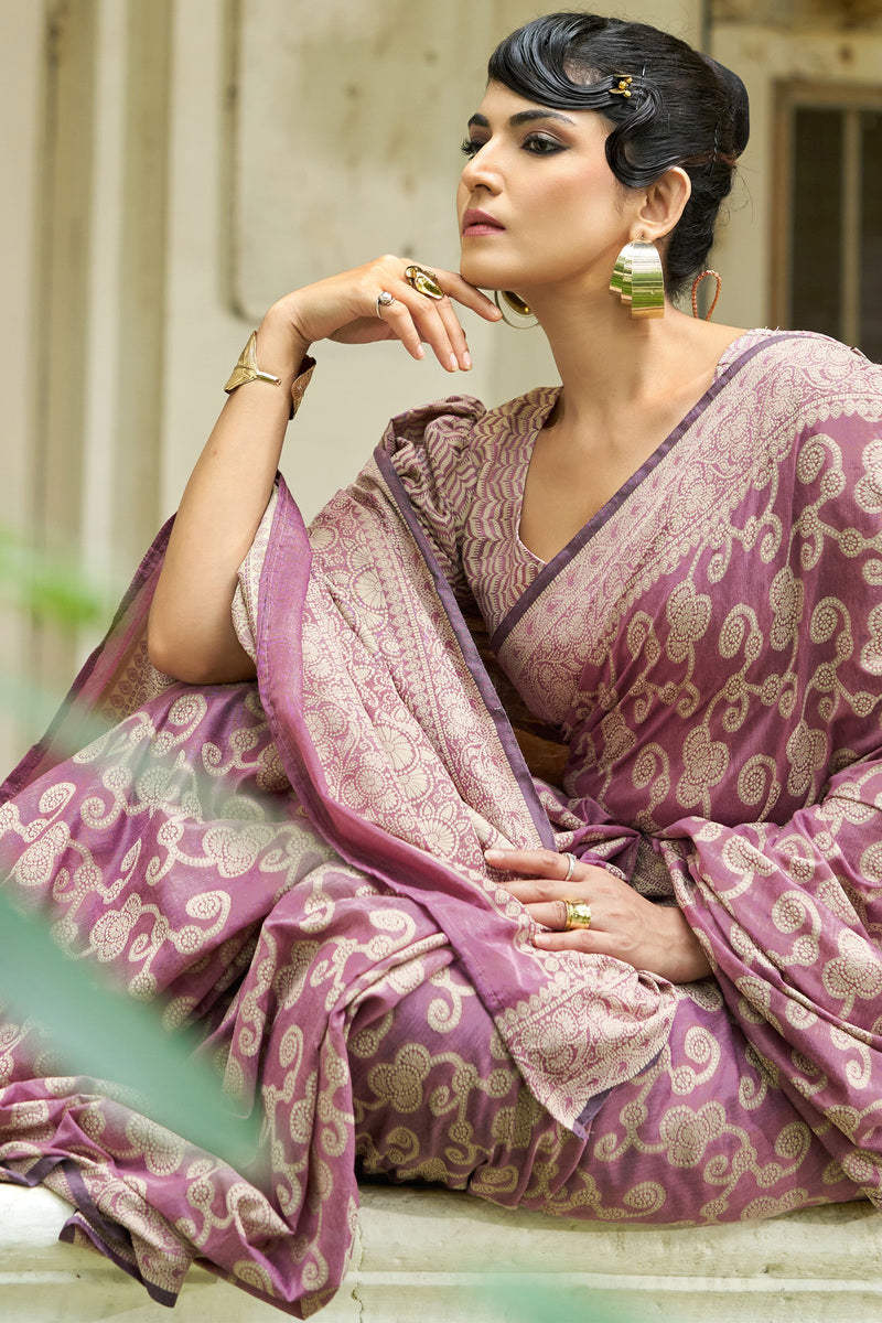 Unequalled Light Purple Lucknowi Silk Saree With Engrossing Blouse Piece