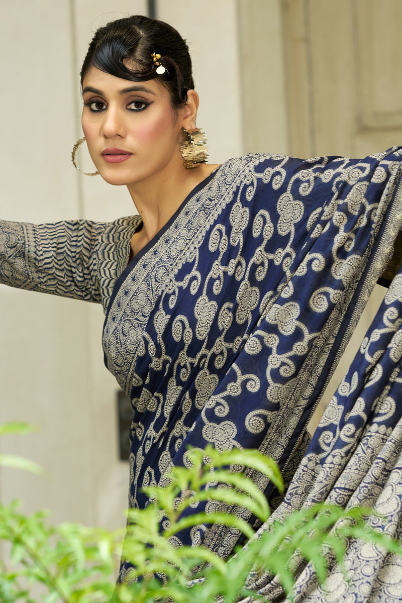 Lustrous Navy Blue Lucknowi Silk Saree With Ideal Blouse Piece
