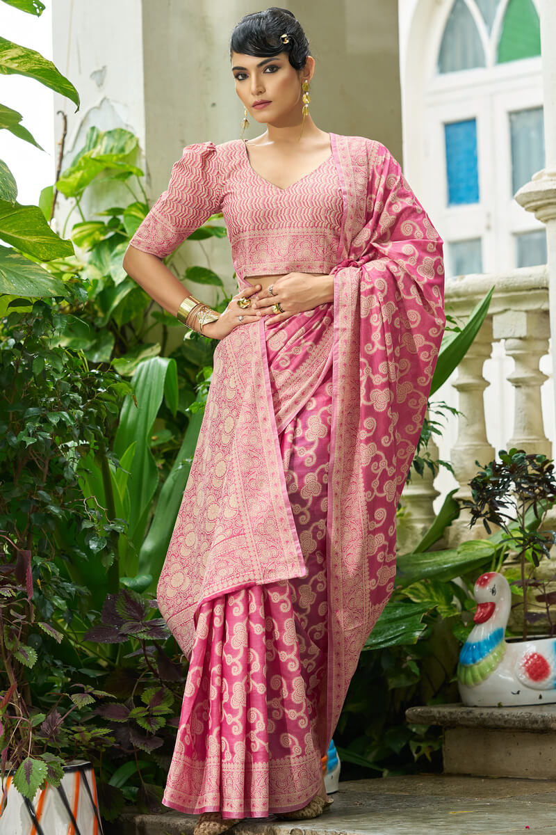 Elaborate Pink Lucknowi Silk Saree With Splendiferous Blouse Piece