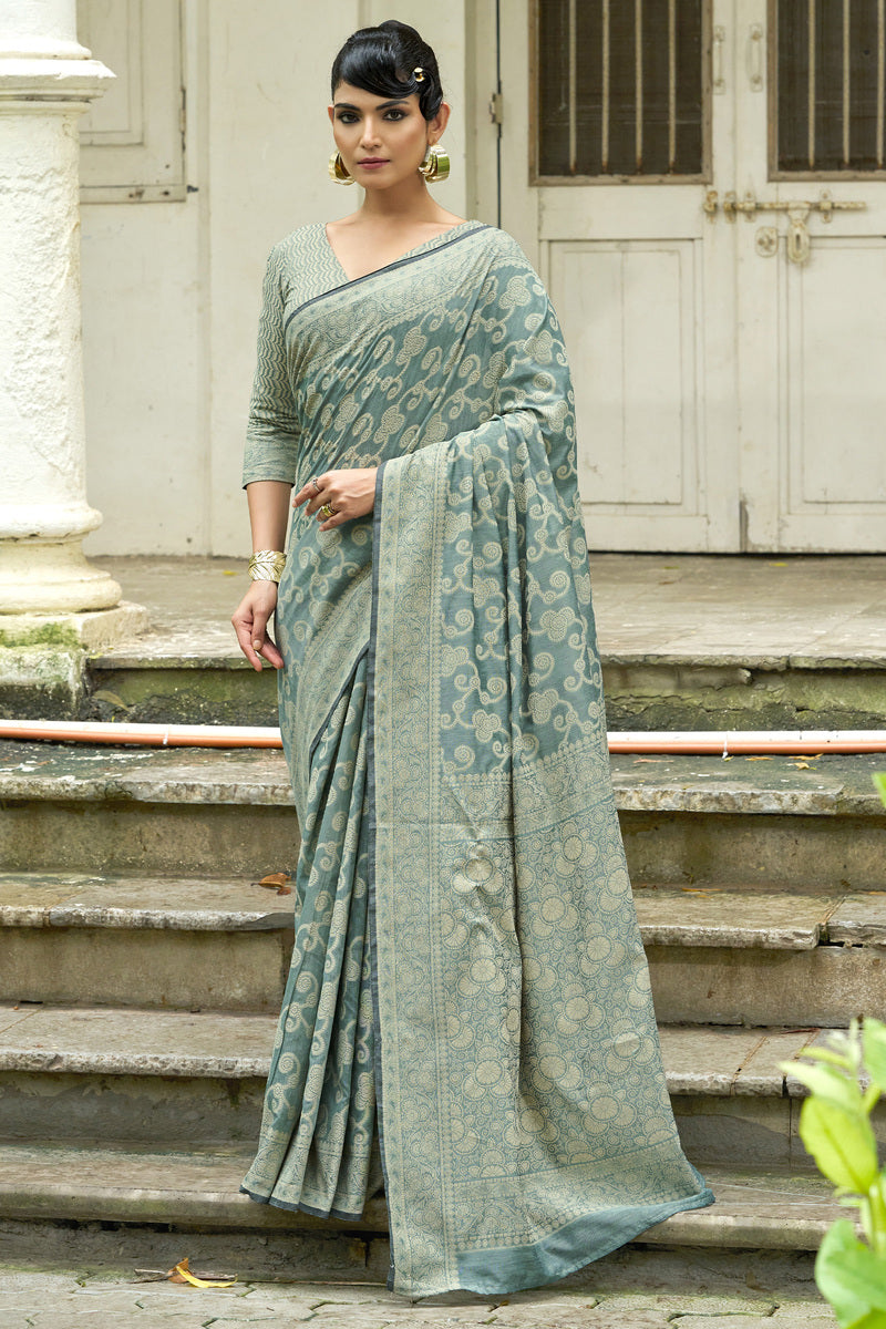 Twirling Sea Green Lucknowi Silk Saree With Outstanding Blouse Piece