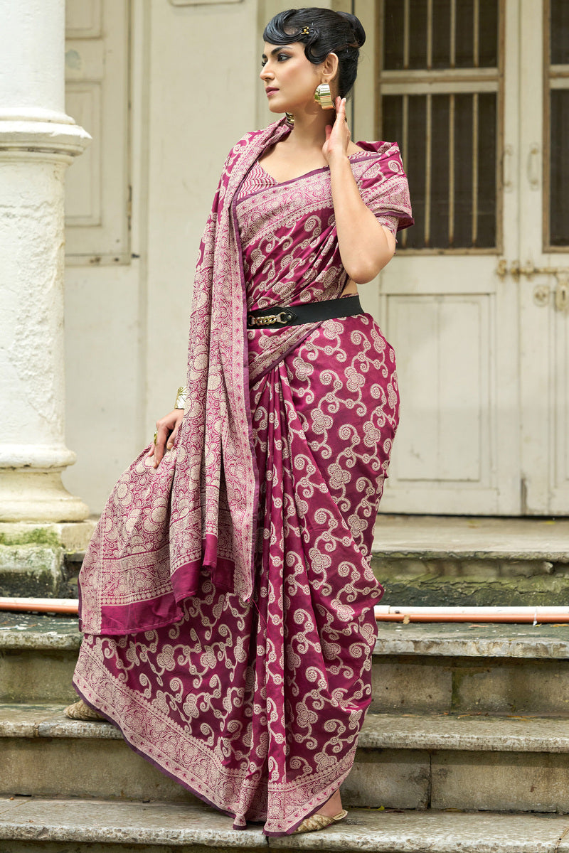 Efflorescence Wine Lucknowi Silk Saree With Sensational Blouse Piece
