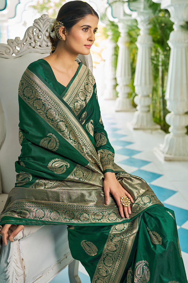 Marvellous Dark Green Pure Banarasi Silk Saree With Evocative Blouse Piece