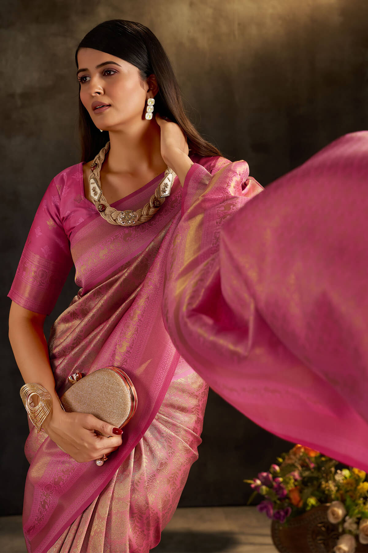 Chatoyant Baby Pink Pure Banarasi Silk Saree With Moiety Blouse Piece