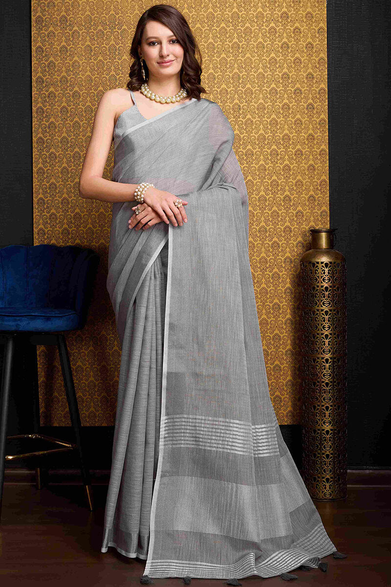 Fragrant Grey Cotton Silk Saree With Devastating Blouse Piece