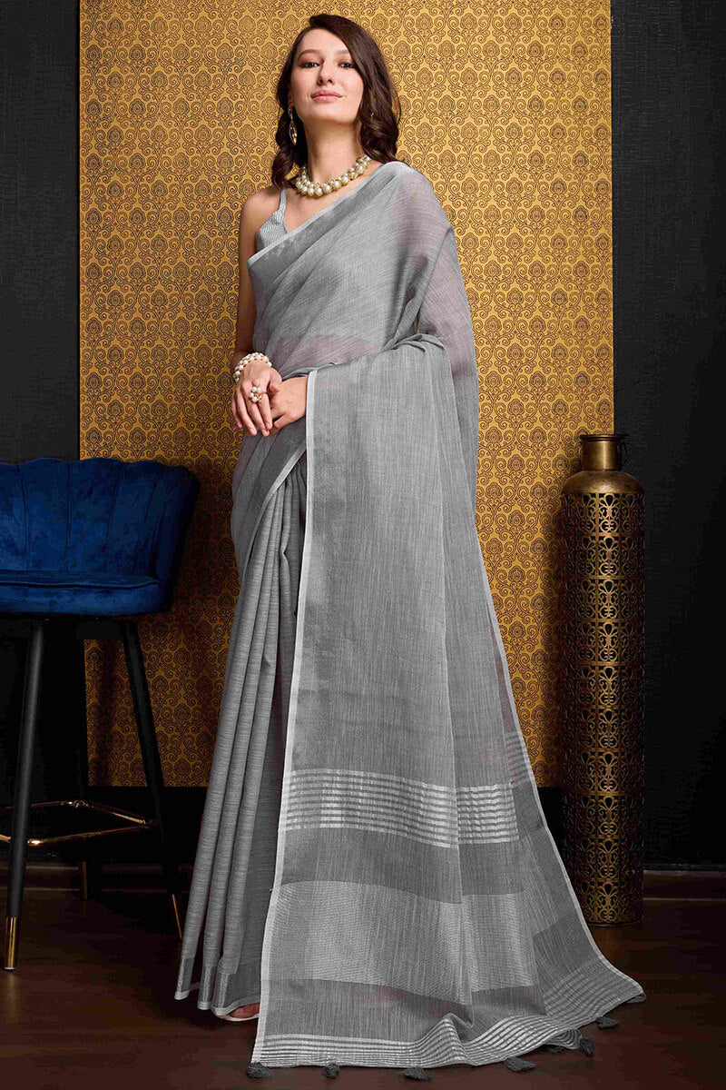Fragrant Grey Cotton Silk Saree With Devastating Blouse Piece