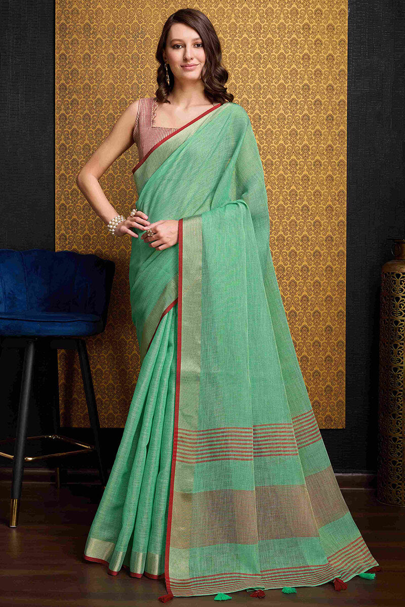 Deserving Sea Green Cotton Silk Saree With Ethereal Blouse Piece