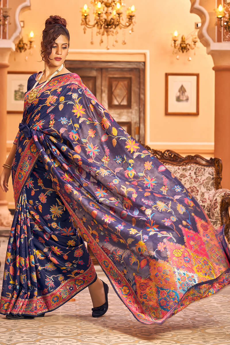 Lovely Navy Blue Linen Silk Saree With Engrossing Blouse Piece