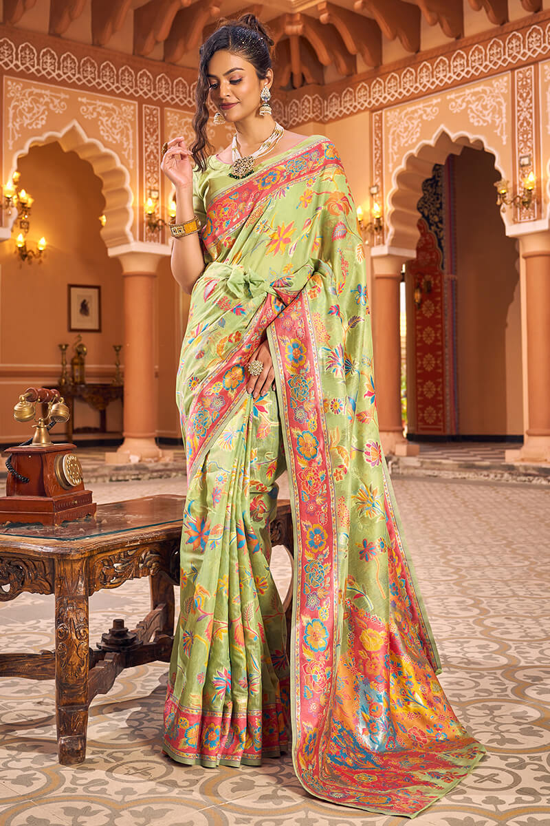 Dazzling Pista Linen Silk Saree With Flamboyant Blouse Piece