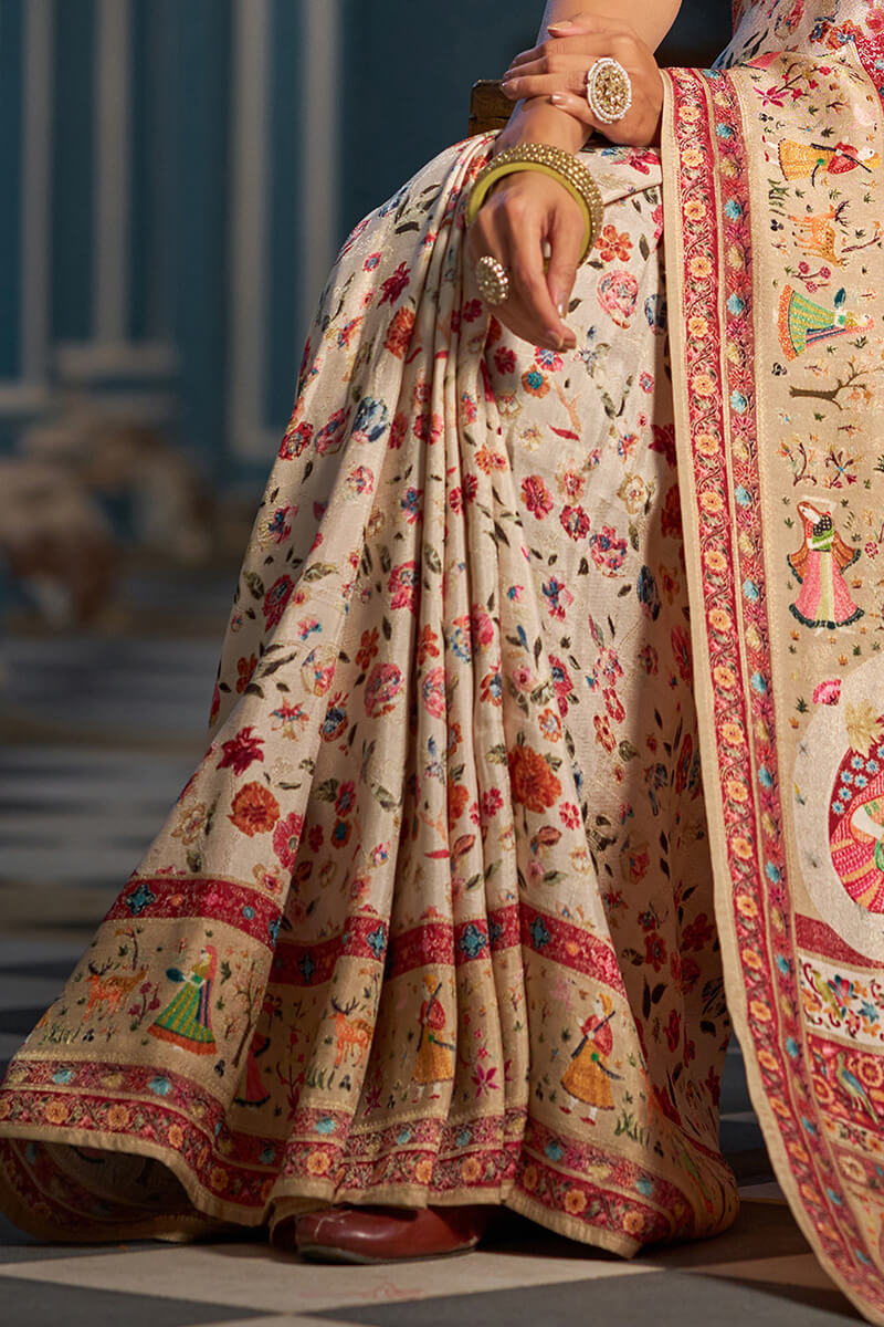 Capricious Beige Pashmina Saree With Felicitous Blouse Piece