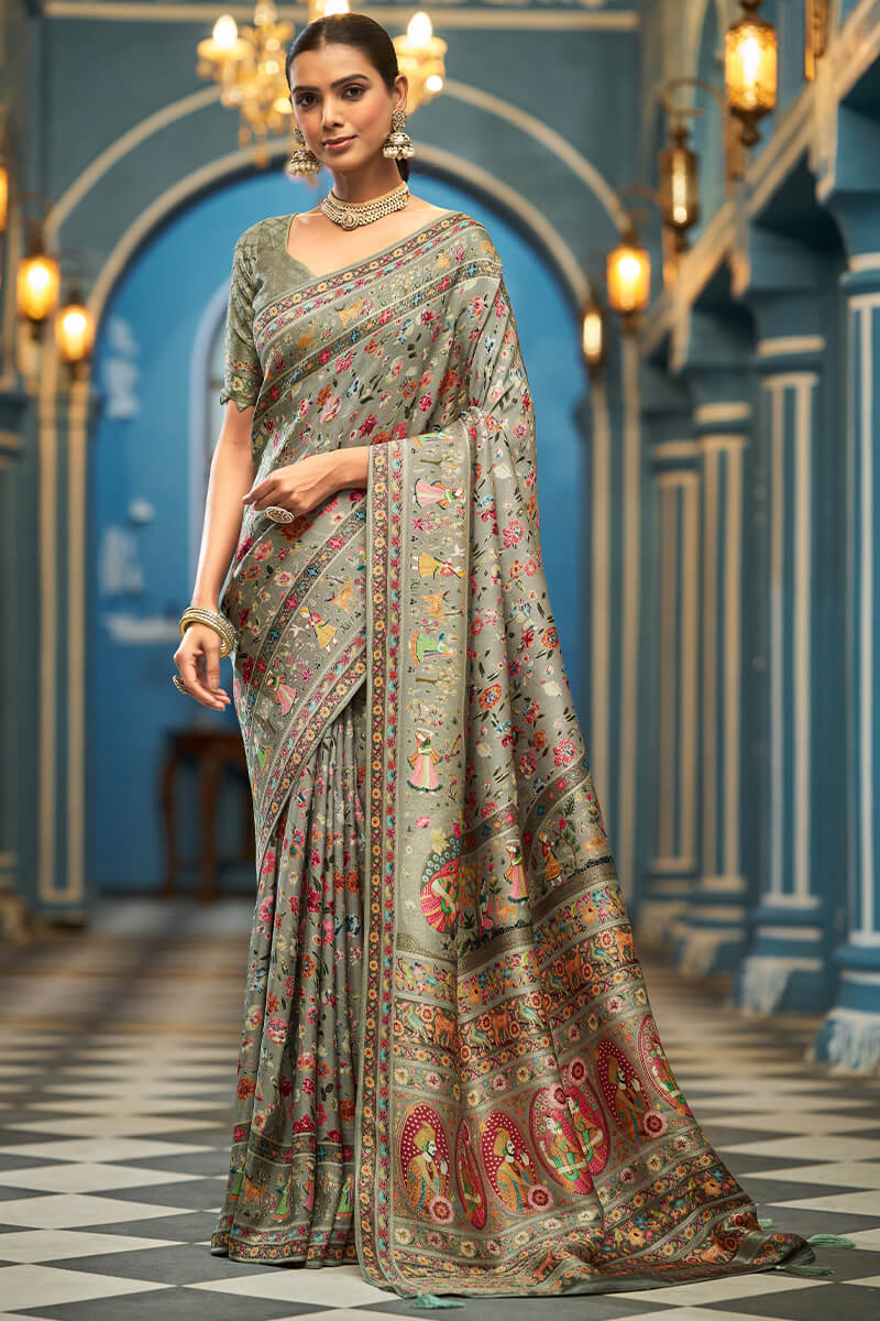 Ephemeral Green Pashmina Saree With Divine Blouse Piece