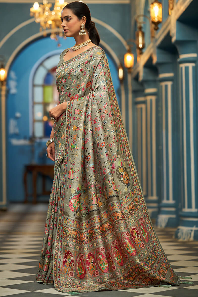 Ephemeral Green Pashmina Saree With Divine Blouse Piece