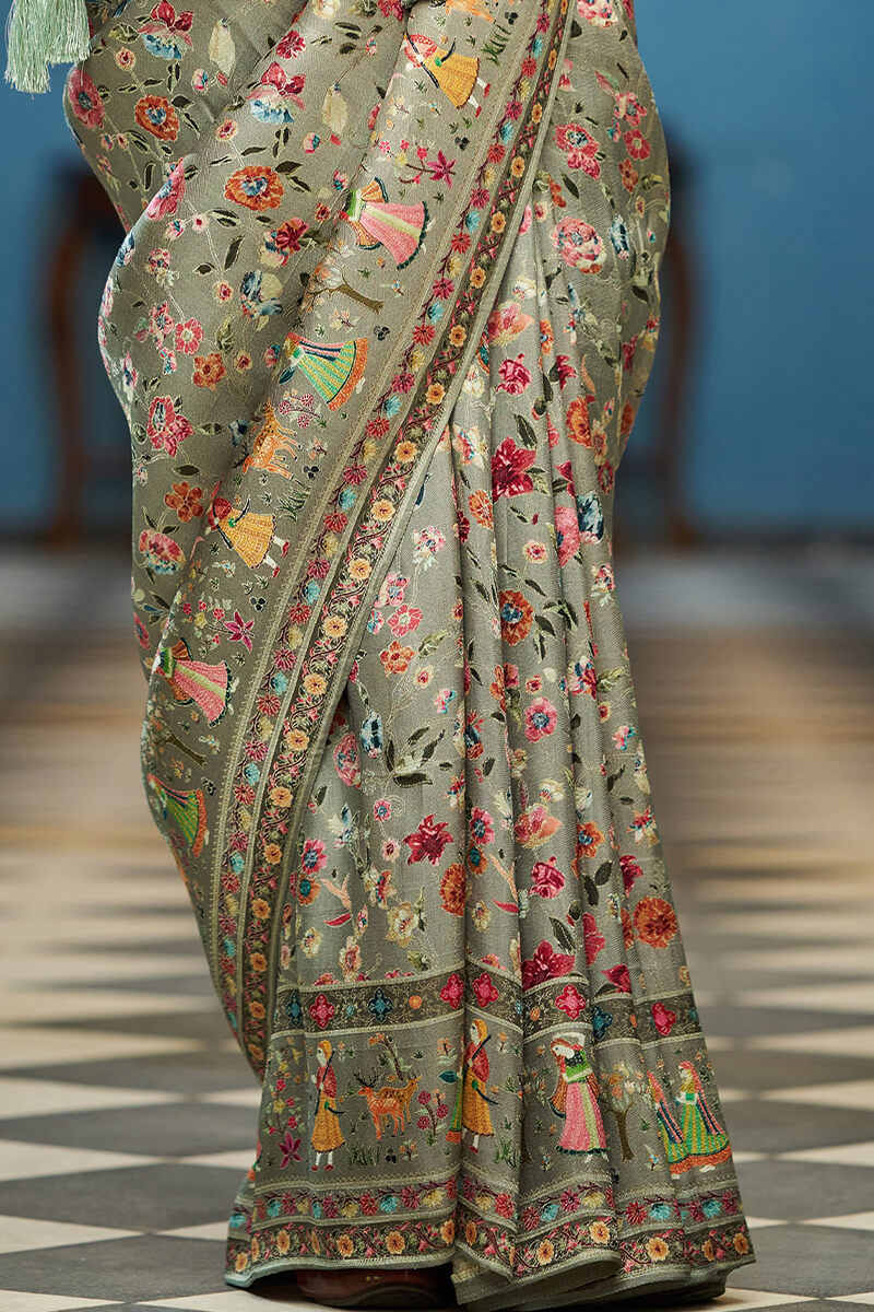 Ephemeral Green Pashmina Saree With Divine Blouse Piece