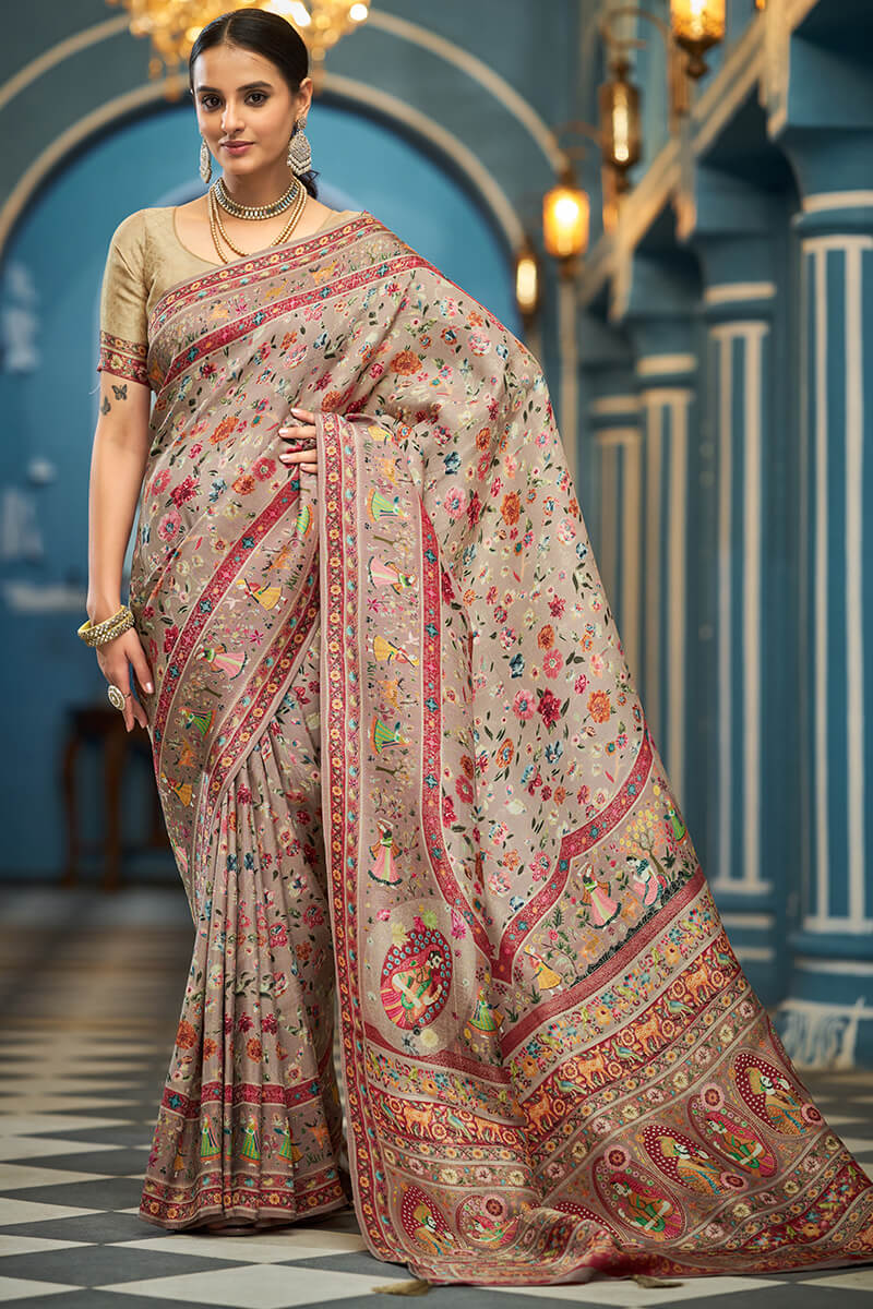 Resplendent Grey Pashmina Saree With Enigmatic Blouse Piece