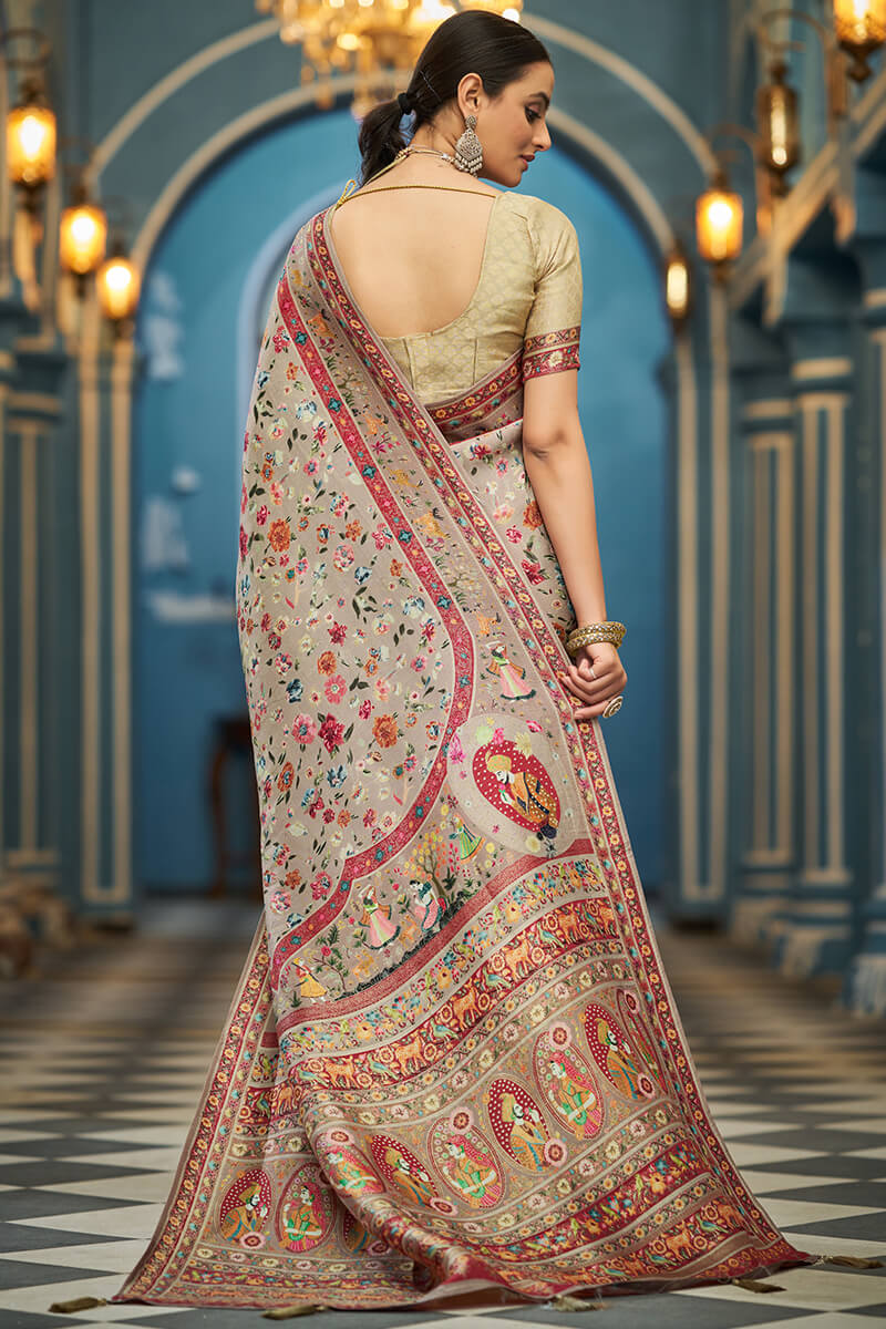 Resplendent Grey Pashmina Saree With Enigmatic Blouse Piece