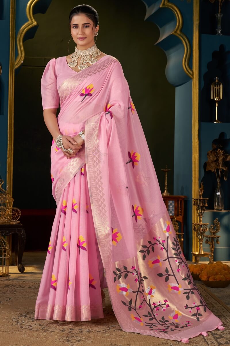Incomparable Pink Cotton Silk Saree With Unequalled Blouse Piece