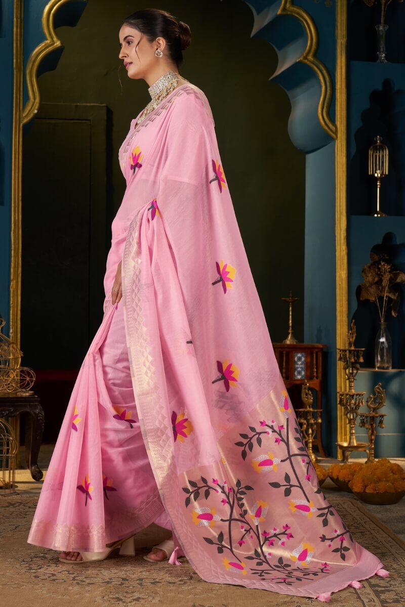 Incomparable Pink Cotton Silk Saree With Unequalled Blouse Piece