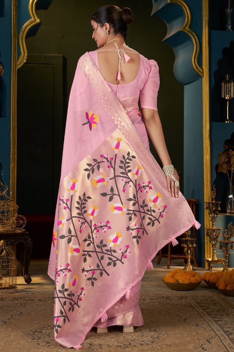Incomparable Pink Cotton Silk Saree With Unequalled Blouse Piece