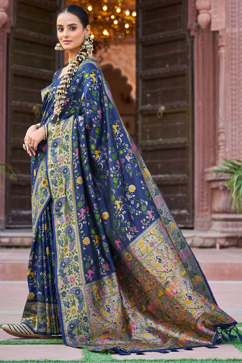 Ratatouille Navy Blue Paithani Silk Saree With Lagniappe Blouse Piece