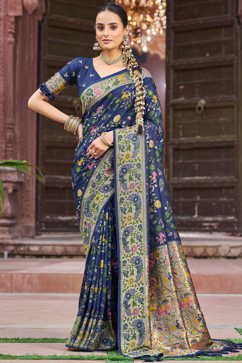 Ratatouille Navy Blue Paithani Silk Saree With Lagniappe Blouse Piece