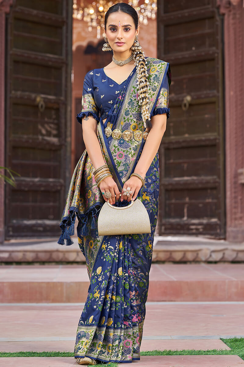 Ratatouille Navy Blue Paithani Silk Saree With Lagniappe Blouse Piece