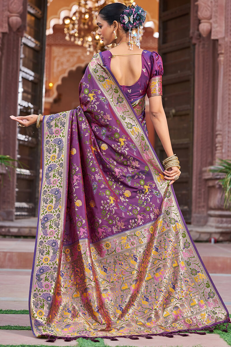 Scrupulous Purple Paithani Silk Saree With Skinny Blouse Piece