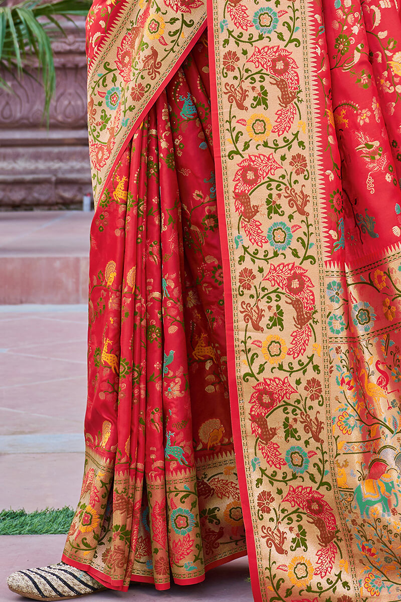Innovative Red Paithani Silk Saree With Bucolic Blouse Piece