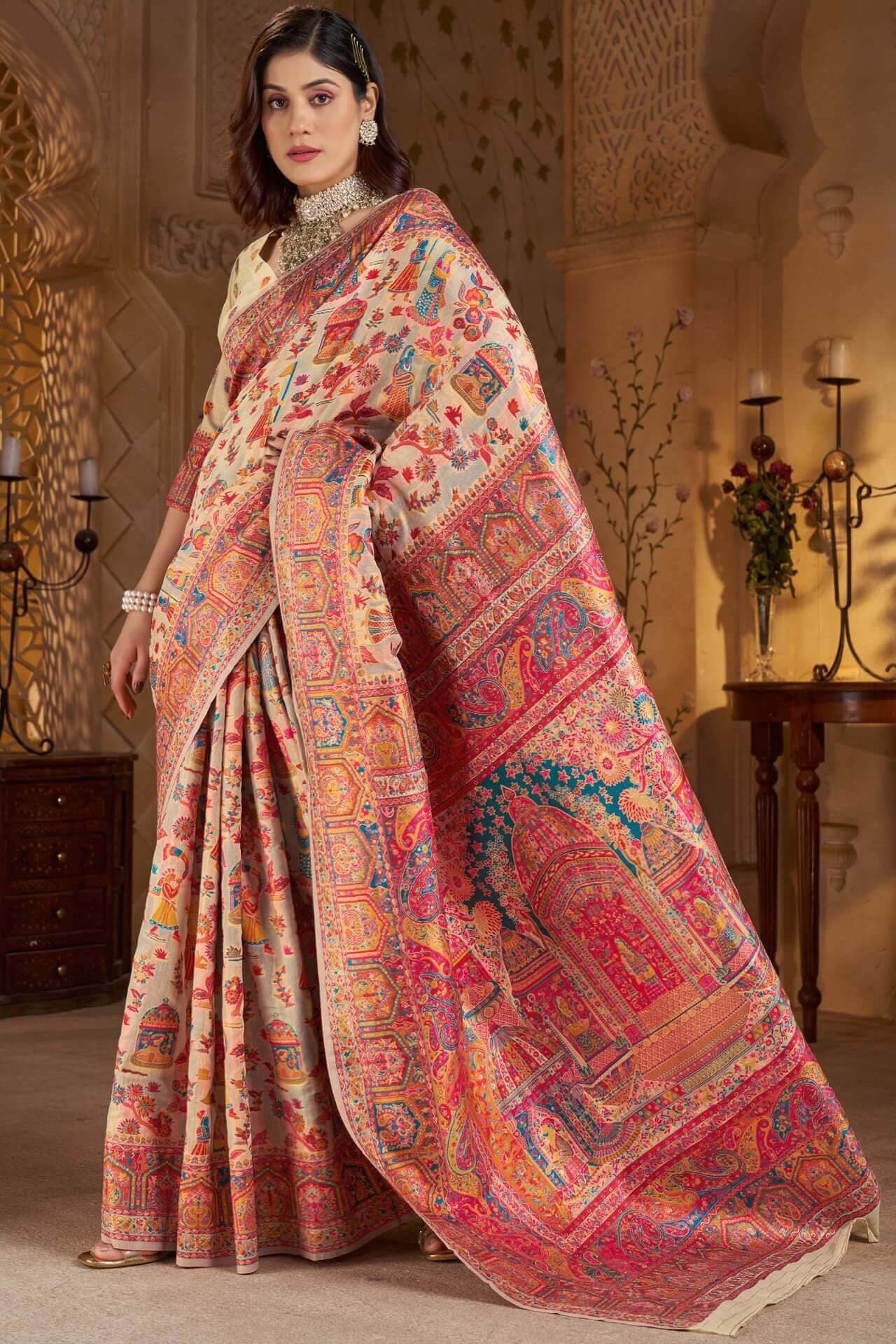 Desiring Beige Pashmina Saree With Artistic Blouse Piece