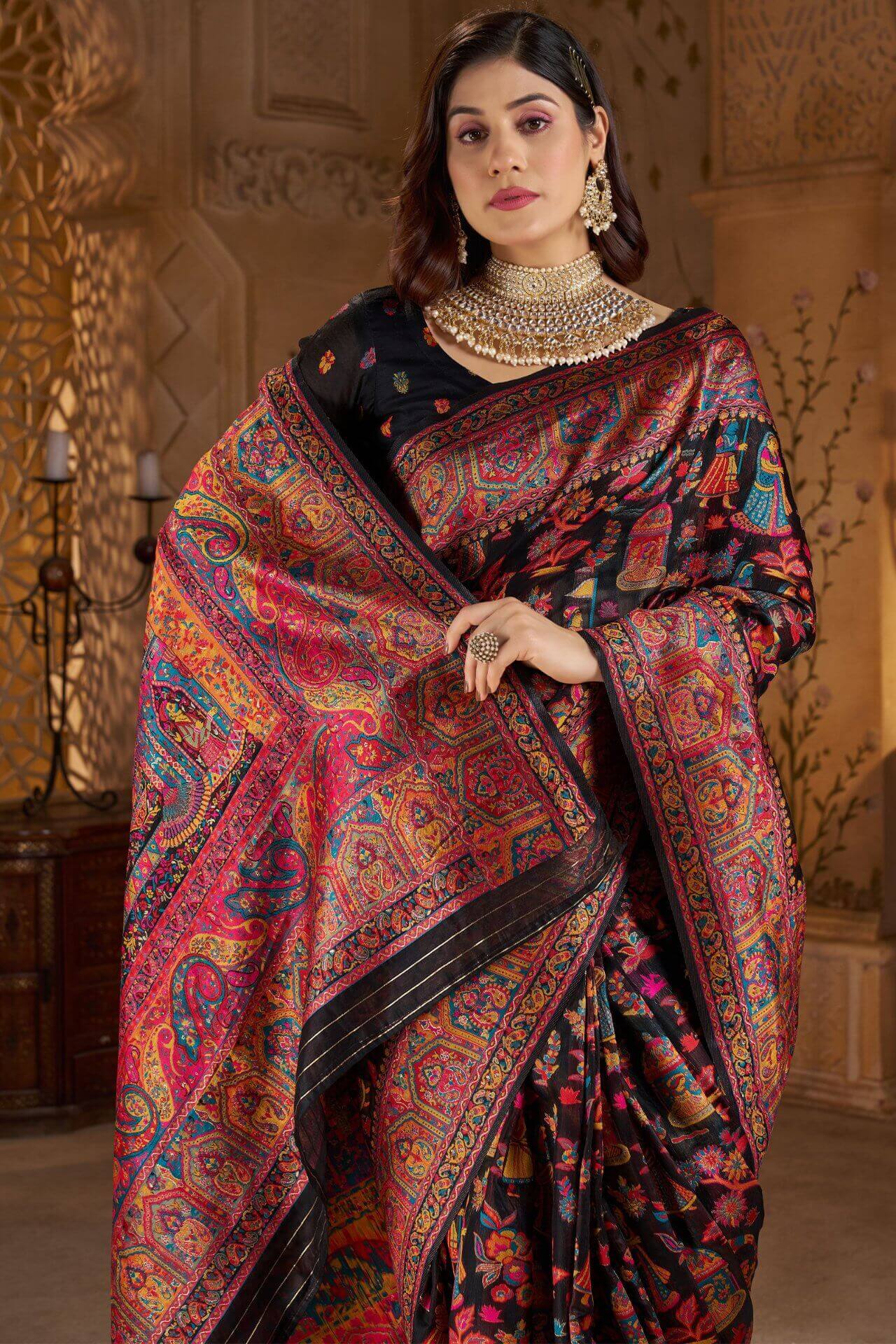 Dissemble Black Pashmina Saree With Forbearance Blouse Piece
