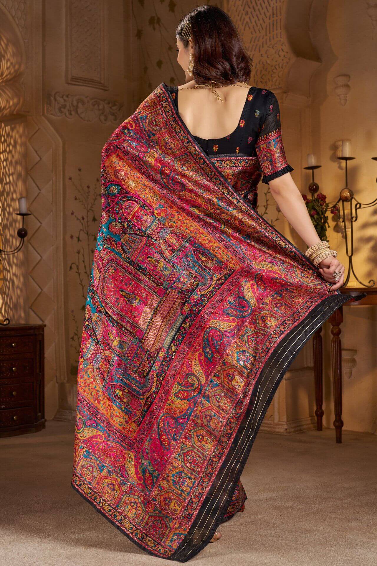 Dissemble Black Pashmina Saree With Forbearance Blouse Piece