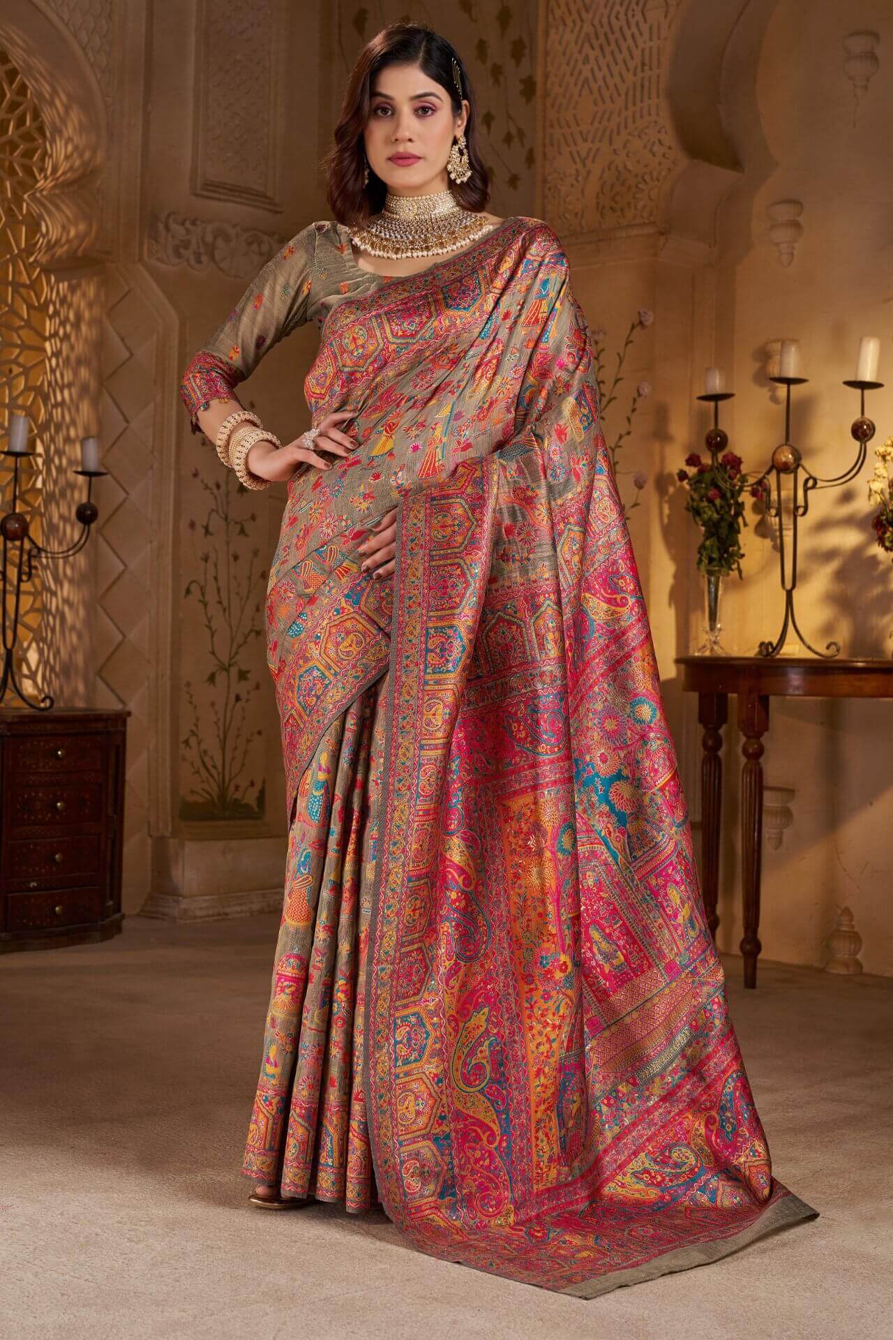 Demanding Grey Pashmina Saree With Super classy Blouse Piece